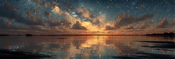 Stunning sunset over tranquil lake reflecting a starry sky with billowing clouds photo