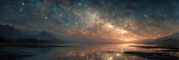 Starlit night sky reflected in calm lake with mountains in the background during twilight hours photo