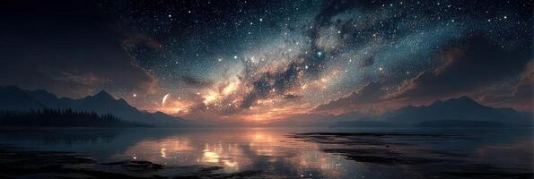 Night sky over a tranquil lake reflecting stars and mountains during twilight in a serene natural setting photo