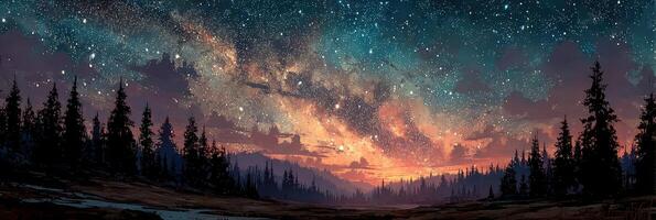 Night sky over a tranquil forest landscape with stars and colorful clouds at dusk in a remote area photo