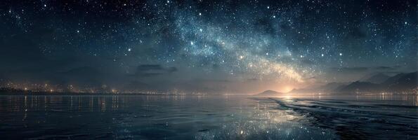 A stunning night sky illuminates a tranquil ocean reflecting stars and city lights near the coast photo