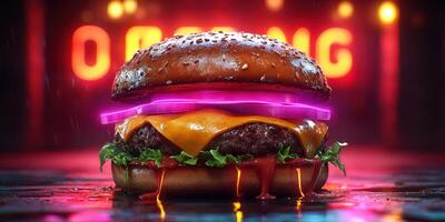 Delicious burger with vibrant toppings served in a lively restaurant setting at night photo