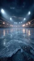 Ice rink under stadium lights during a dramatic evening, showcasing an intense atmosphere before a sports event photo