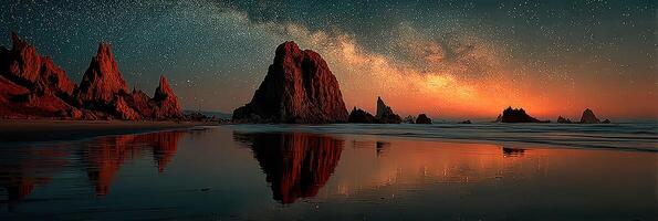 Night sky over a rocky shoreline with reflections and starlit sky near the ocean at twilight photo