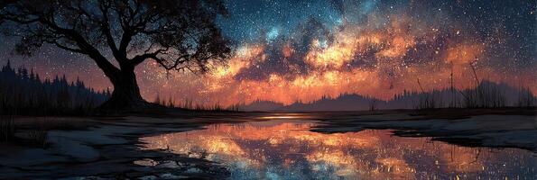 Starry night sky over a tranquil lake with silhouetted trees and vibrant galaxy reflections photo