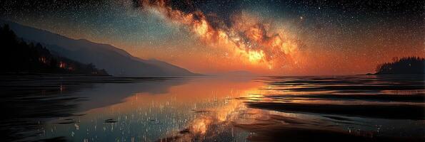 Stunning view of the Milky Way reflecting on calm waters during twilight at a serene beach photo