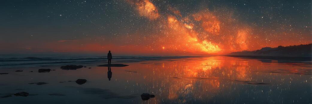 Stargazer standing on shore admiring cosmic reflections in calm ocean during twilight photo