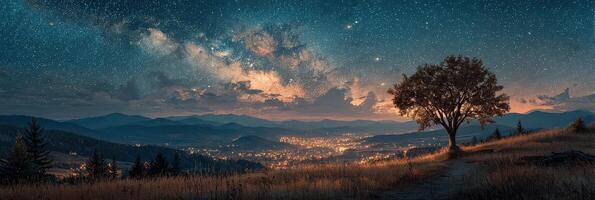 Night sky over a small town surrounded by mountains with a tree in the foreground and stars shining brightly photo
