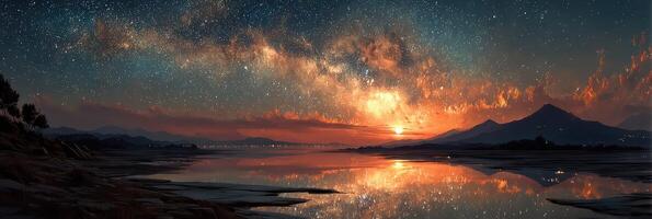 Night sky filled with stars and a vibrant milky way over calm water at sunset in a serene landscape photo