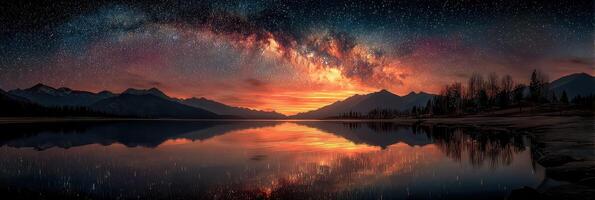 Stunning night sky over a tranquil lake with vibrant reflections and a brilliant Milky Way in the background photo