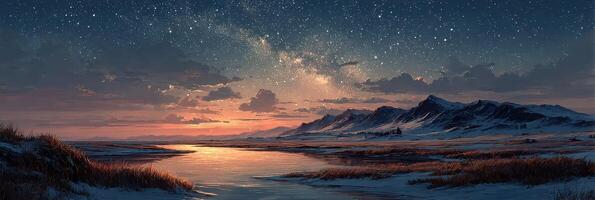 Starlit night over snowy mountains with a reflective river at dusk photo