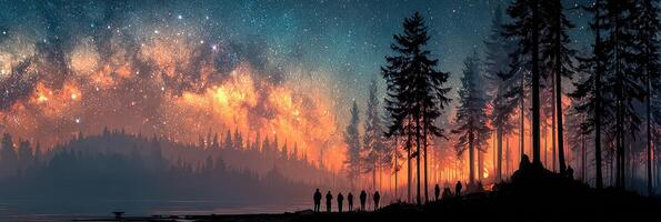 Starry night sky over a tranquil forest with silhouettes of people enjoying nature at dusk photo
