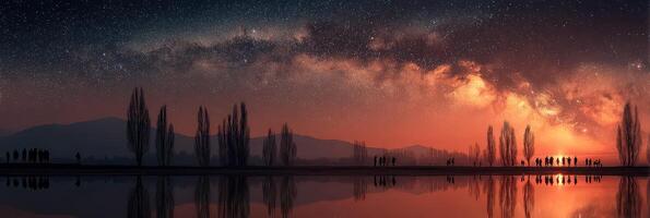Spectacular night sky with stars and silhouettes by the lakeside at dusk photo