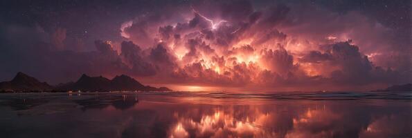 Dramatic lightning lights up the night sky above the ocean with stunning cloud formations and reflections at a coastal landscape photo