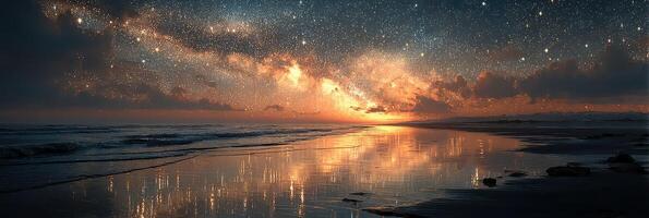 Starry night sky reflected on the calm ocean shore at sunset with bright colors illuminating the horizon photo