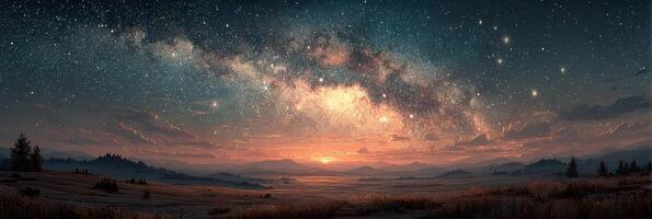 Starlit sky above rolling hills at dusk with vibrant hues and the Milky Way stretching across the horizon photo