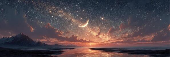 Stunning twilight landscape with crescent moon and starry sky over serene water and mountains photo