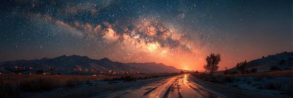 Stunning night sky with the Milky Way over a winding road and mountains in the background photo