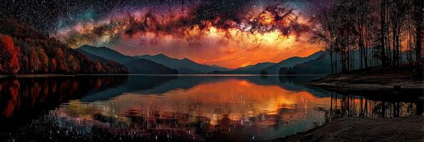Stunning night sky over tranquil lake surrounded by mountains and autumn trees at dusk photo