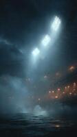 Mysterious stadium illuminated by floodlights on a foggy night with an excited crowd in attendance photo