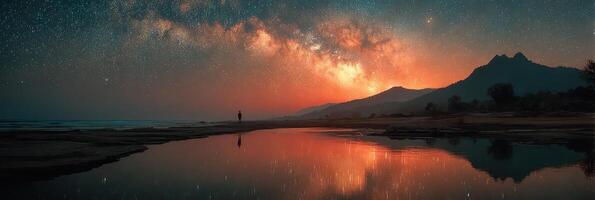 Stunning night sky over mountains with reflection in water during twilight photo