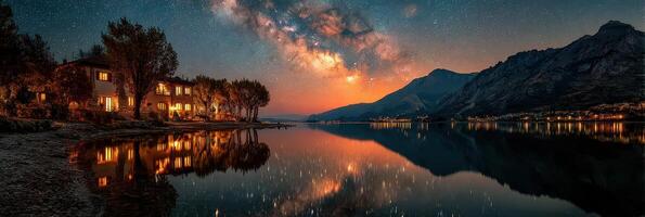 Starry night over tranquil lake with illuminated houses and mountains in the background photo