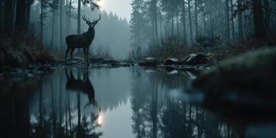 Majestic stag stands by a tranquil reflection in a misty forest during twilight hours photo