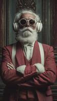 Stylish elderly man in red suit with headphones poses confidently in ornate indoor setting photo