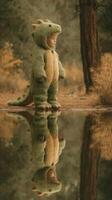 Child dressed in dinosaur costume standing beside a serene pond during autumn afternoon photo