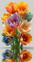 Vibrant tulip bouquet with reflections in serene setting showcases natural beauty and artistic design photo