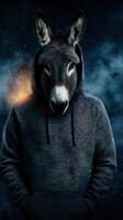 Mysterious figure in hoodie with donkey head performs in a surreal environment at night photo