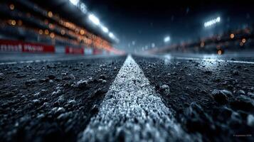 Nighttime view of a racetrack with illuminated stands and a focus on the asphalt surface photo