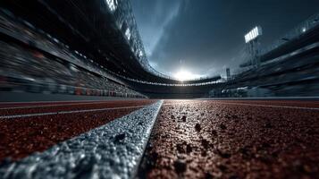 Stadium track surrounded by cheering crowd under dramatic lighting before an intense race event photo