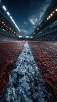 Racetrack at dusk with lights illuminating the field and a focus on the texture of the surface photo