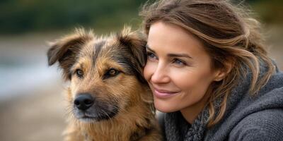 Woman enjoys a peaceful moment with her dog by the water at a scenic outdoor location on a sunny day photo
