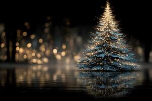Glowing Christmas tree surrounded by sparkling lights reflecting on water in a festive winter setting photo