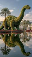 Large dinosaur topiary sculpture reflects in tranquil water at a botanical garden during golden hour photo