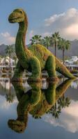 Large dinosaur topiary in a reflective pond surrounded by palm trees during golden hour photo