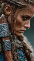 Intense warrior portrait in nature during a rainy afternoon showcasing strength and determination photo