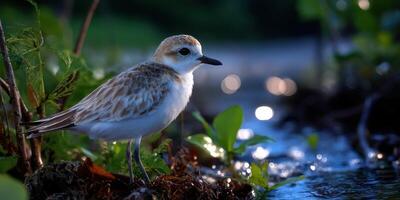 Little shorebird standing by a tranquil stream during the early morning light in a lush natural habitat photo