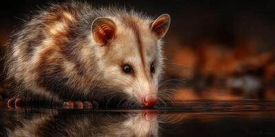 Opossum near water at dusk showcasing keen curiosity and delicate features photo