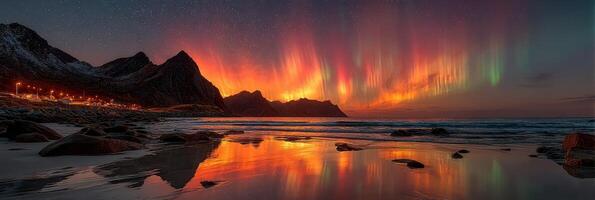 Vibrant northern lights illuminate a serene beach at Lofoten Islands during twilight hours photo