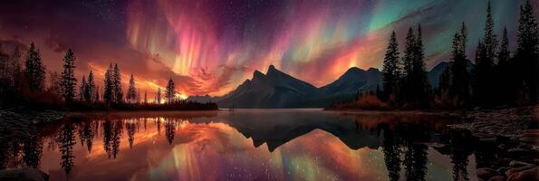 Vibrant aurora illuminates mountain landscape with reflection on tranquil lake at dusk photo
