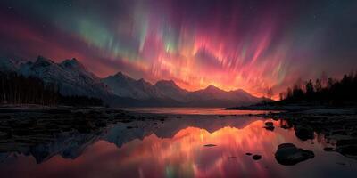 Dazzling aurora borealis lights up the sky over serene mountain lake at dawn photo