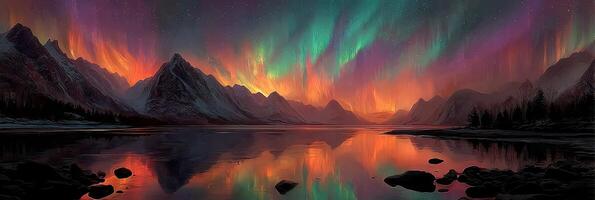 Majestic northern lights illuminating mountains and a tranquil lake at dusk in a remote landscape photo