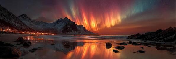 Capture of stunning aurora borealis over snow-capped mountains and beach at night in northern landscape photo