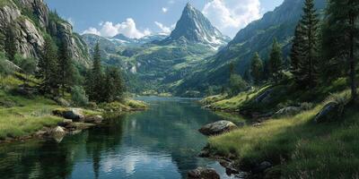 Serene mountain landscape with clear water reflecting majestic peaks and lush greenery during a sunny day photo