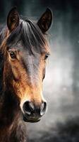 Close-up of a brown horse with expressive eyes against a blurred background in a natural setting during daylight photo