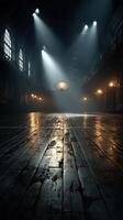 Dramatic lighting creates an eerie atmosphere in an abandoned hall during an evening exploration photo