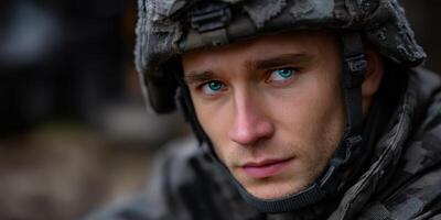 Soldier in tactical gear poses for a close-up portrait during military training in a rugged environment photo